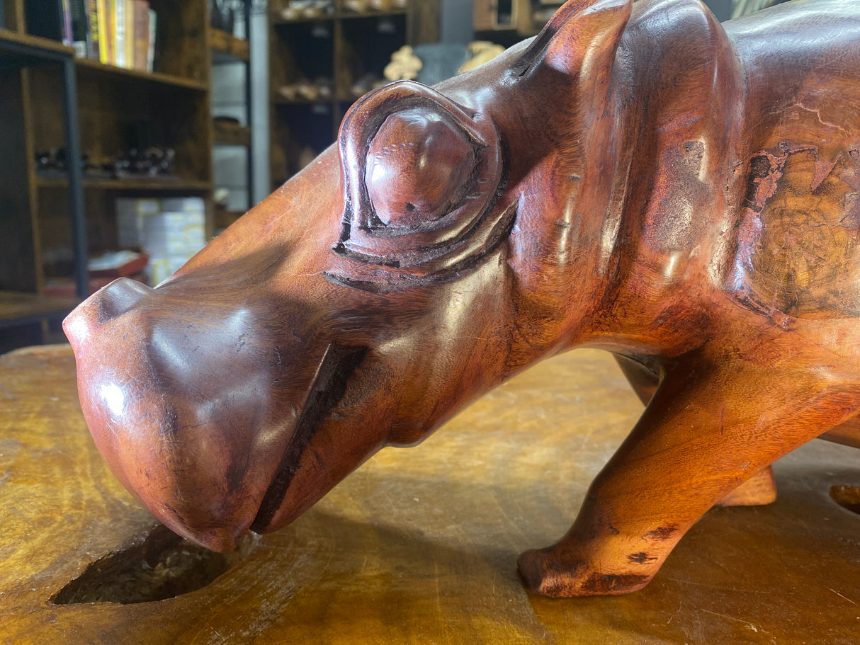 Big Reddish Colour Hand Carved Wooden Smiling Hippo - Mouth Closed (Heavy Piece)