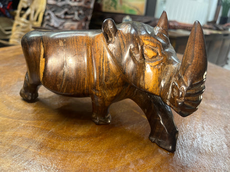 Short and Stocky Handcarved Wooden Standing Rhino Curio
