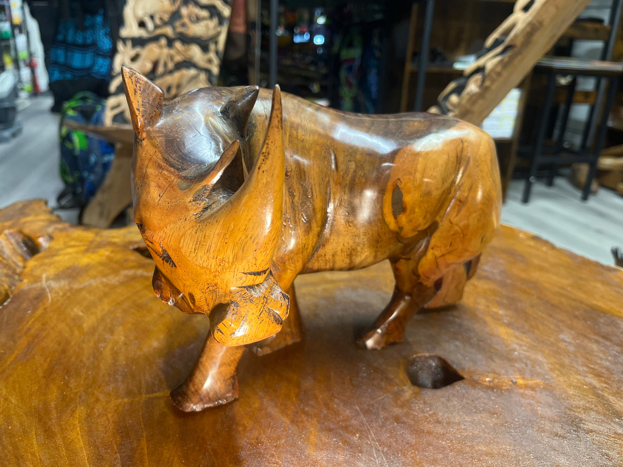 Bold Handcarved Wooden Standing Rhino Curio