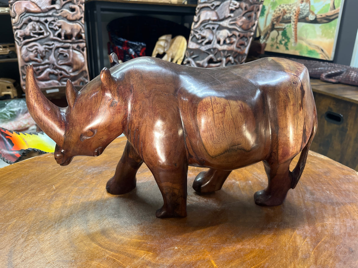 Hand carved Wooden Standing Rhino Curio (Reddish Brown)