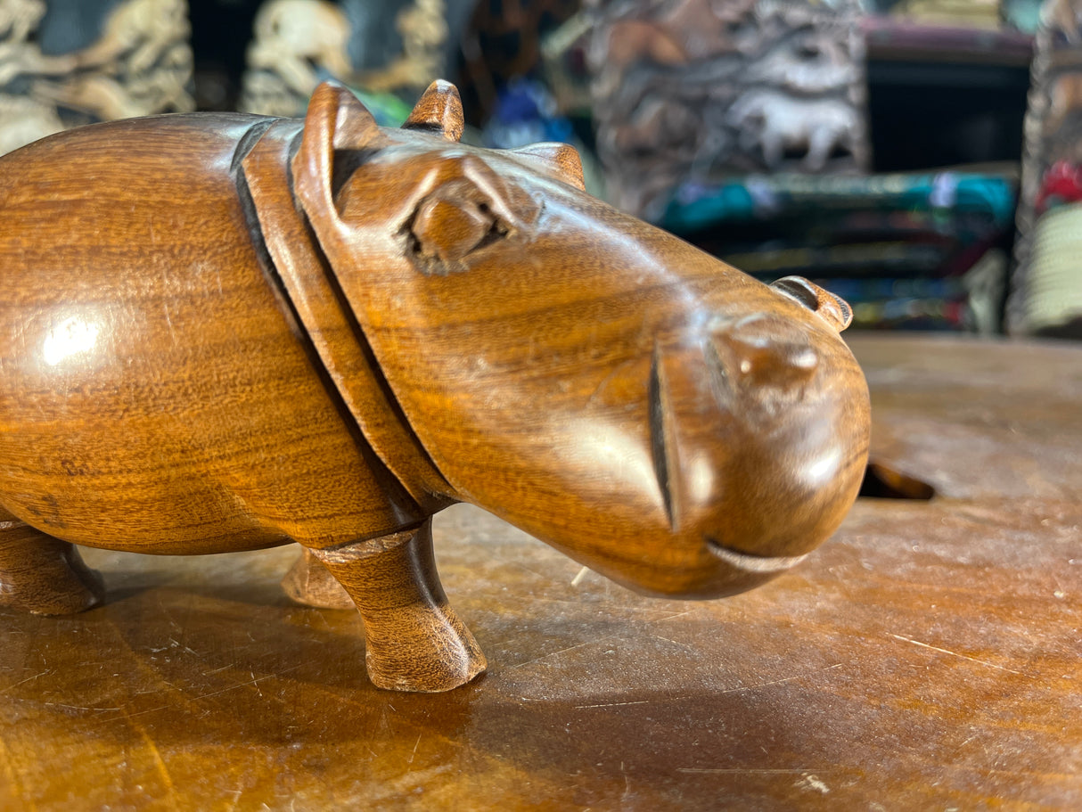 Small Hand Carved Wooden Hippo - Mouth Closed