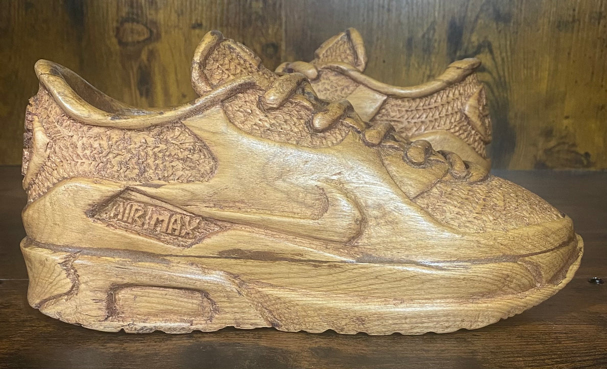 Pair of Nike Air Max 90 V3.1 Hand Carved Painted Mahogany Display Piece