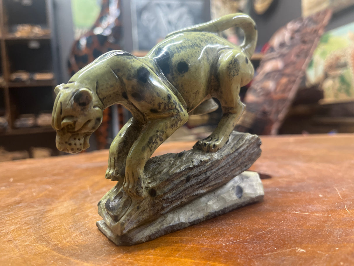 Stone Panther on a Log Handmade In Malawi