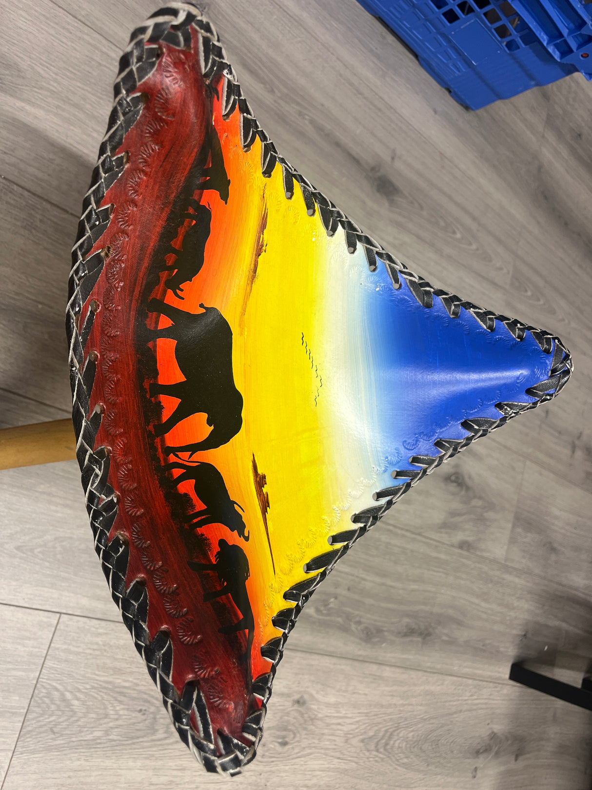 Handmade Folding Tripod Chair with an African Savannah Sunset on the Leather Seat - Tanzania