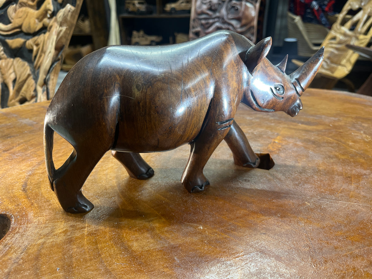 Dark Brown Hand carved Wooden Standing Rhino Curio