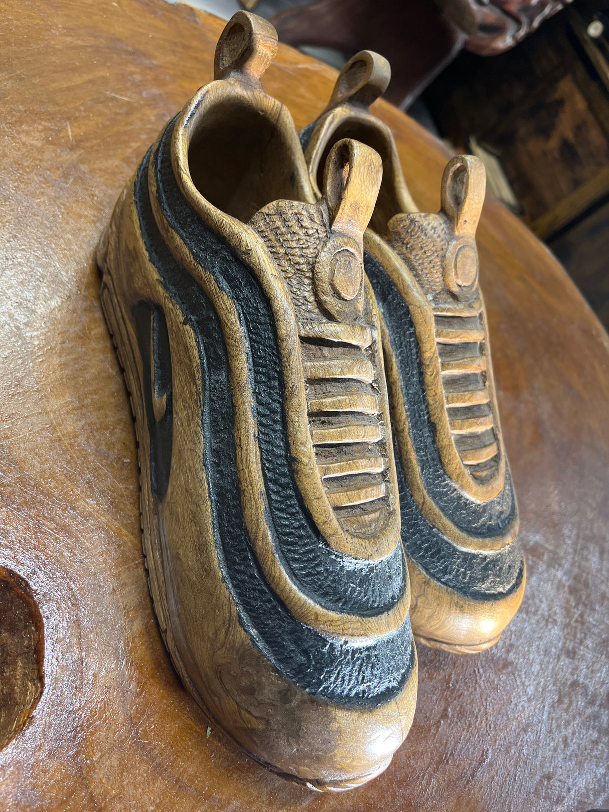Pair of Nike Air Max 97 V1.2 Hand Carved Painted Mahogany Display Piece