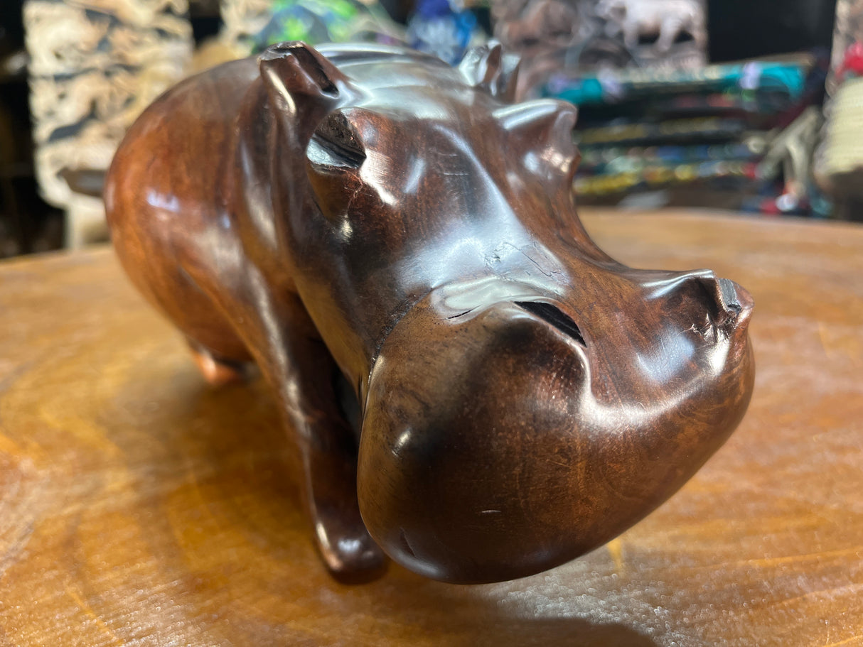 Hand Carved Shiny Dark Brown Wooden Hippo - Mouth Closed