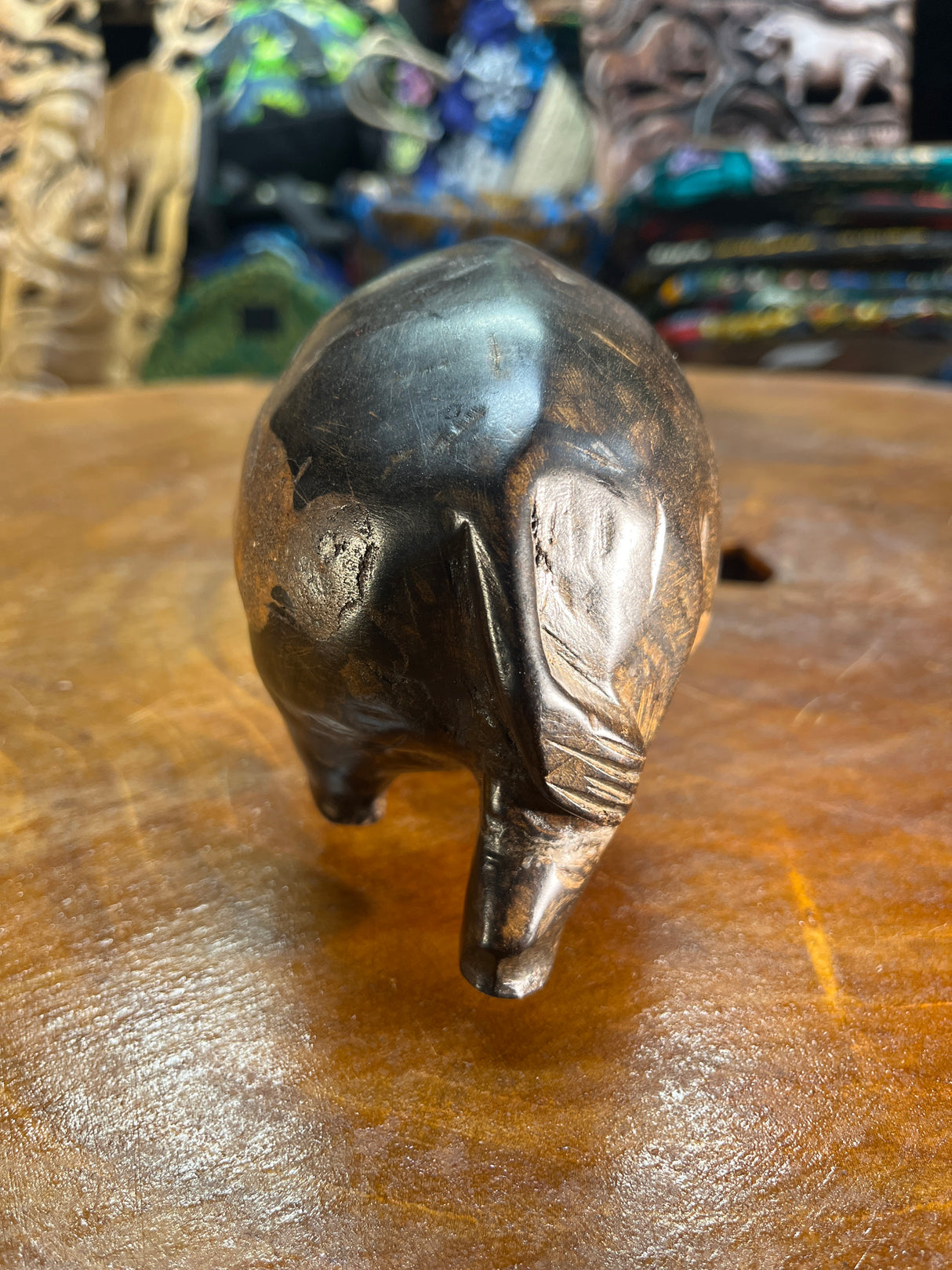 Hand Carved Dark Brown Wooden Hippo - Mouth Closed