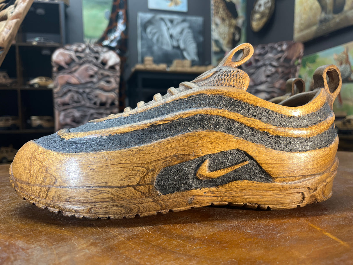Pair of Nike Air Max 97 V1.2 Hand Carved Painted Mahogany Display Piece