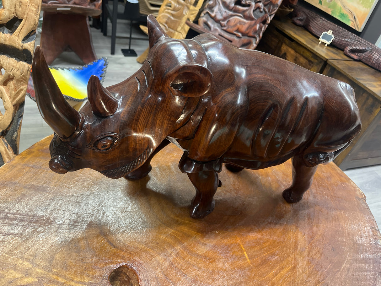 Large and heavy Hand Carved Wooden Standing Rhino Curio (Muscular Look)