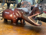 Big Reddish Colour Hand Carved Wooden Hippo - Mouth Open With Teeth (Heavy Piece)
