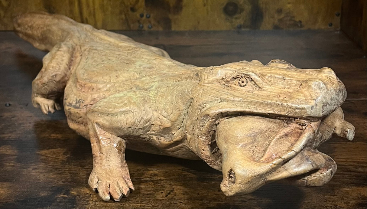 Hand Carved Mahogany Komodo Eating Prey