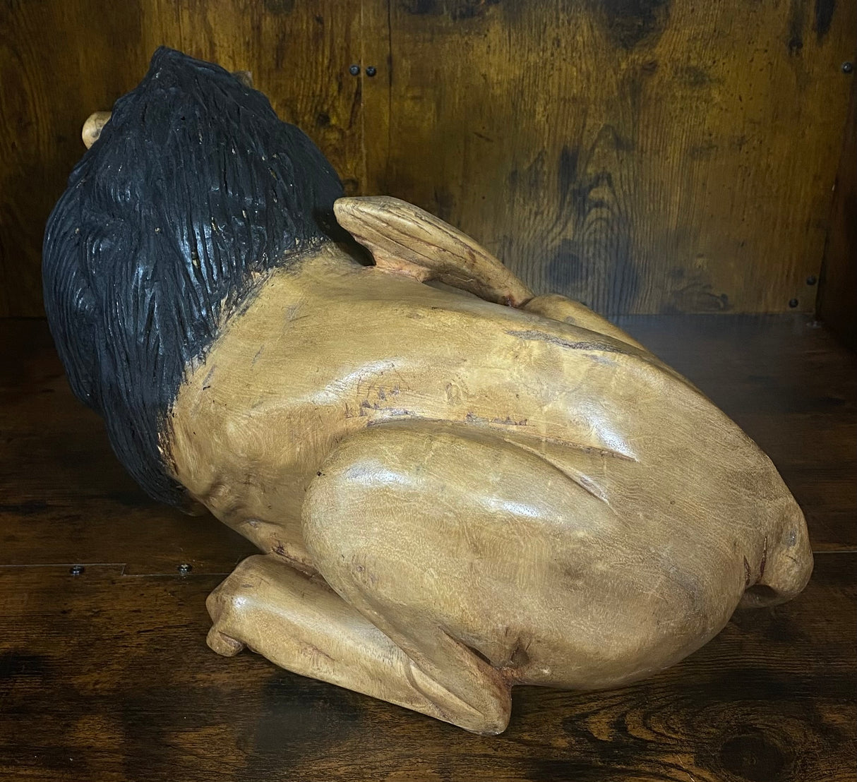 Hand Carved Resting Lion with a Warning Growl