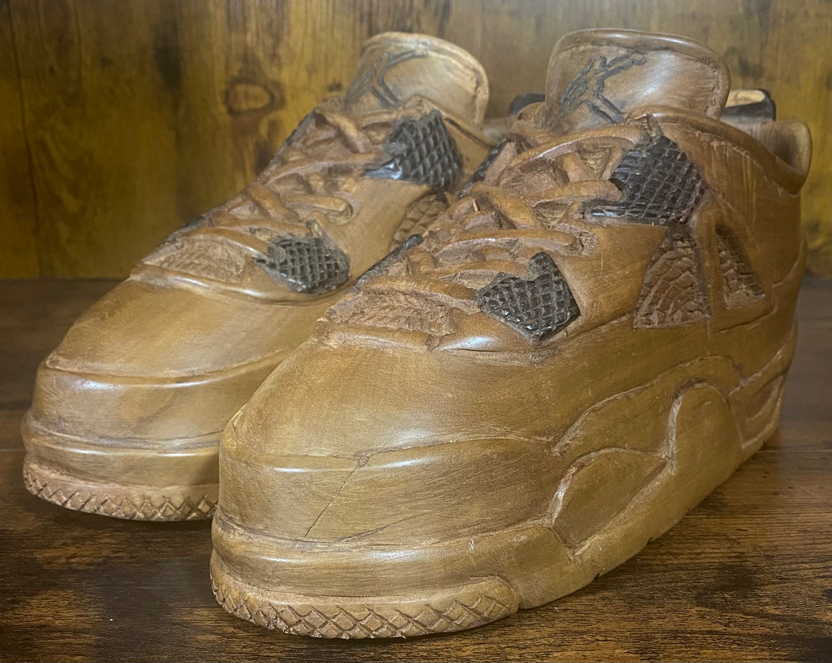 Pair of Jordan 4 V1.2 Hand Carved Mahogany Display Piece