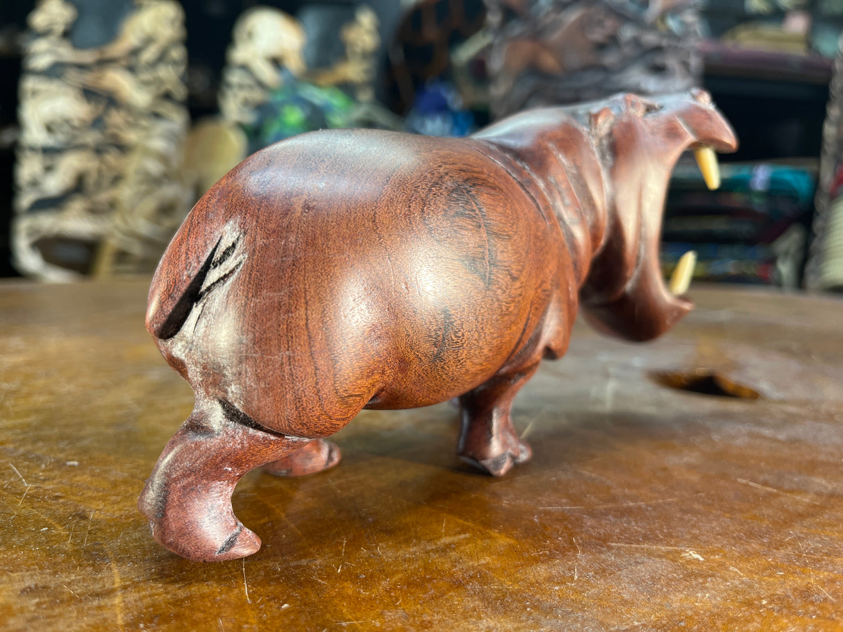 Small Hand Carved Reddish Wood Hippo - Mouth Open With Teeth