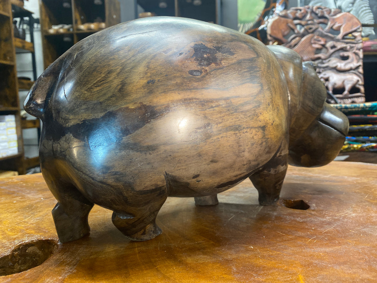 Hand Carved Wooden Smiling Hippo - Mouth Closed