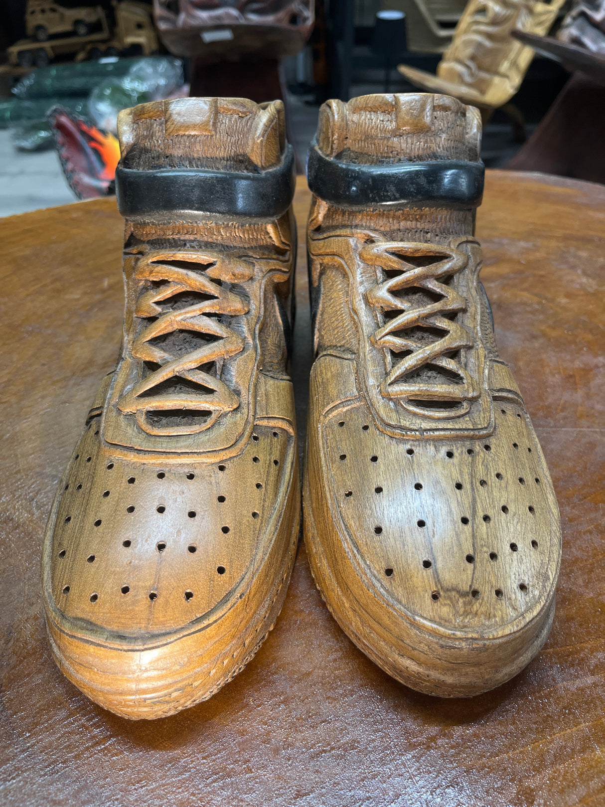 Pair of Nike Air Force One High V1.1 Hand Carved Mahogany Display Piece