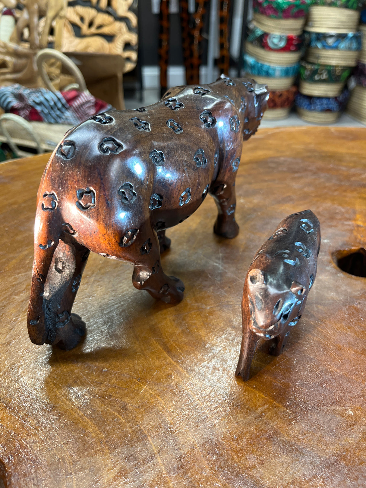 Hand Carved Ebony Wood Mother and Baby Leopard