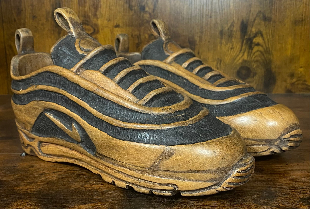 Pair of Nike Air Max 97 V1.3 Hand Carved Painted Mahogany Display Piece