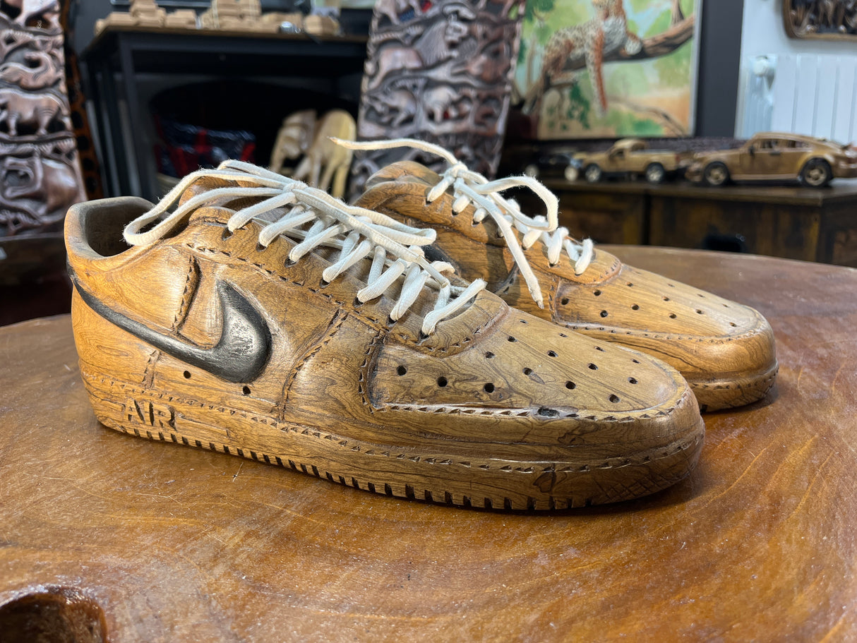 Pair of Nike Air Force One Low with Laces V1.1 Hand Carved Mahogany Display Piece