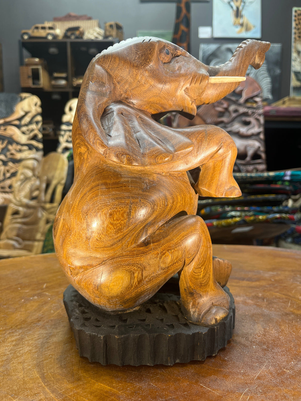 Hand Carved Happy Elephant Mahogany