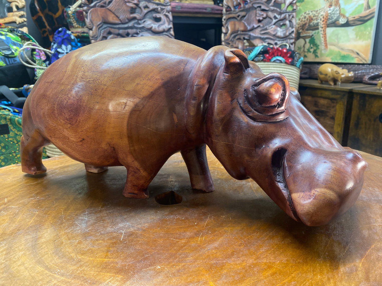 Big Reddish Colour Hand Carved Wooden Hippo - Mouth Closed (Heavy Piece)