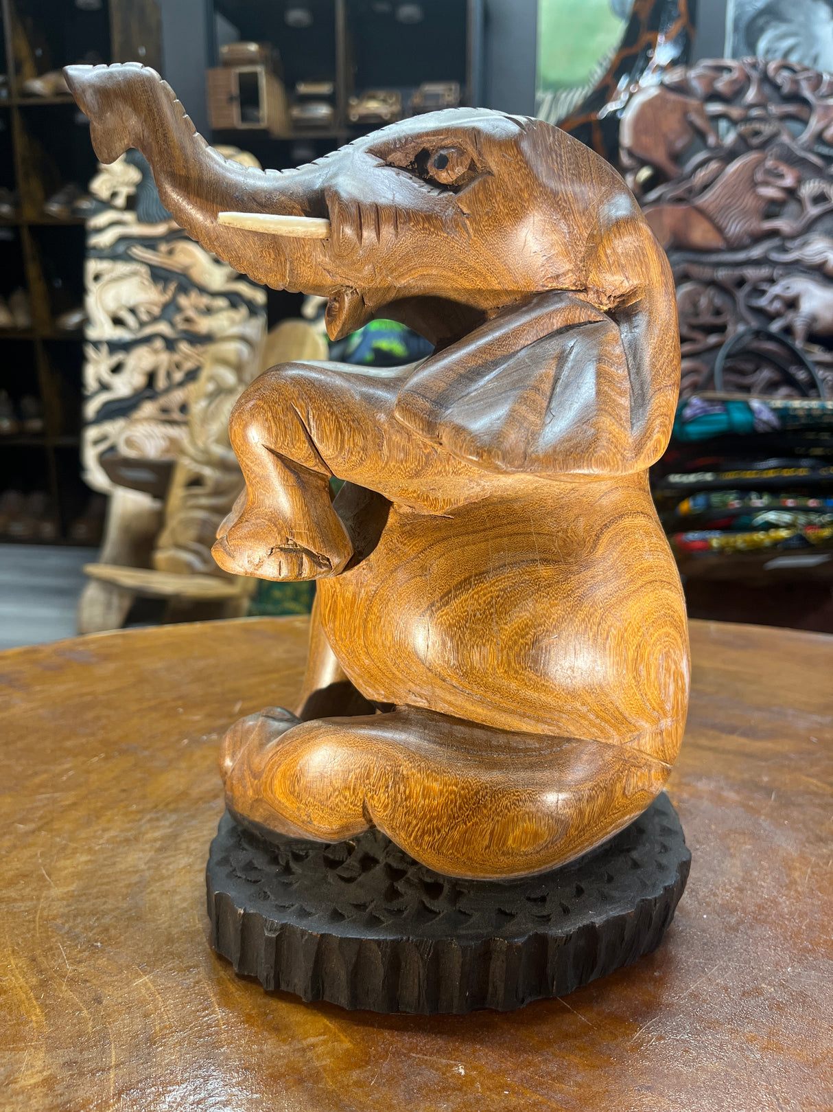 Hand Carved Happy Elephant Mahogany