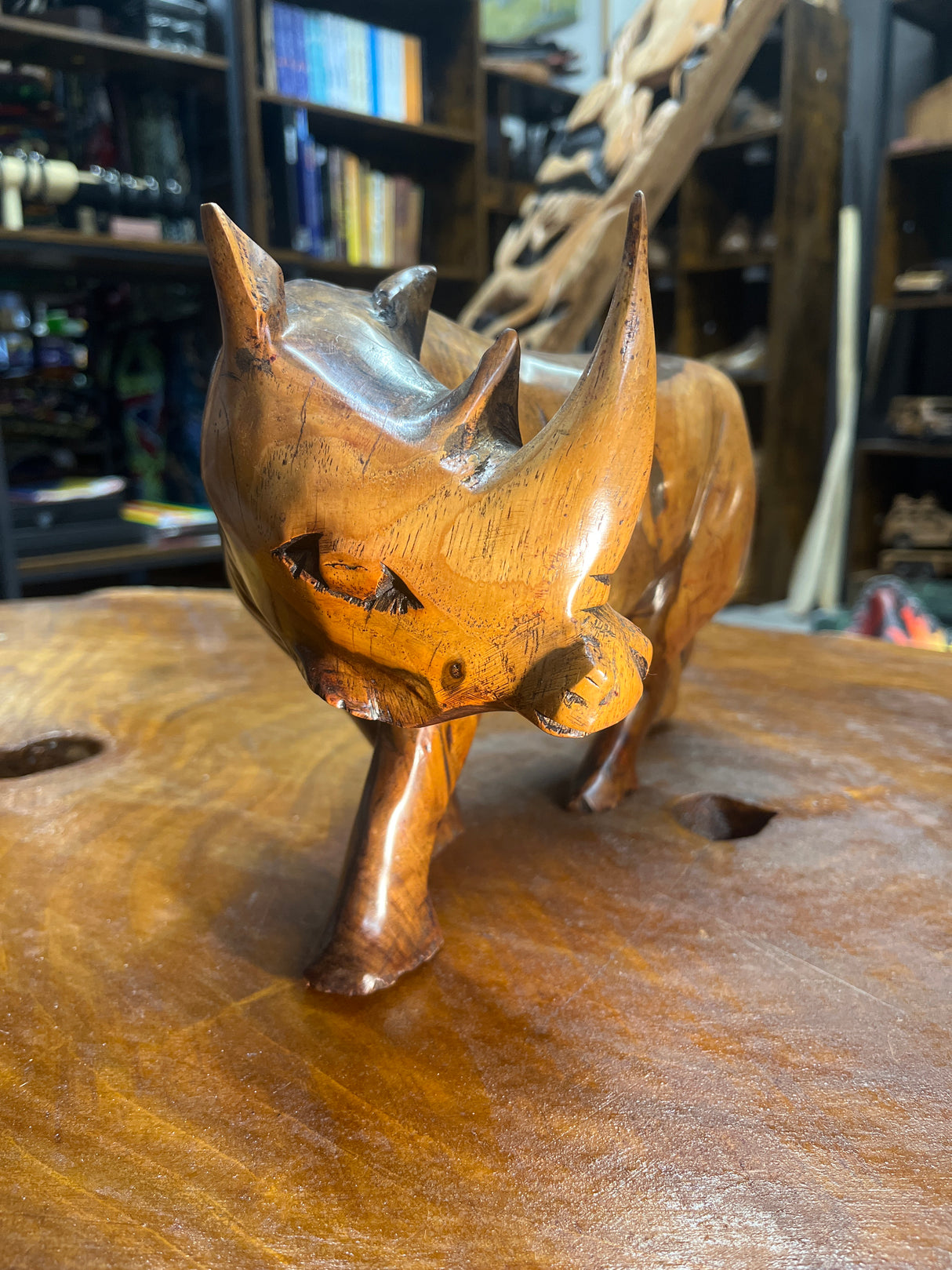 Bold Handcarved Wooden Standing Rhino Curio