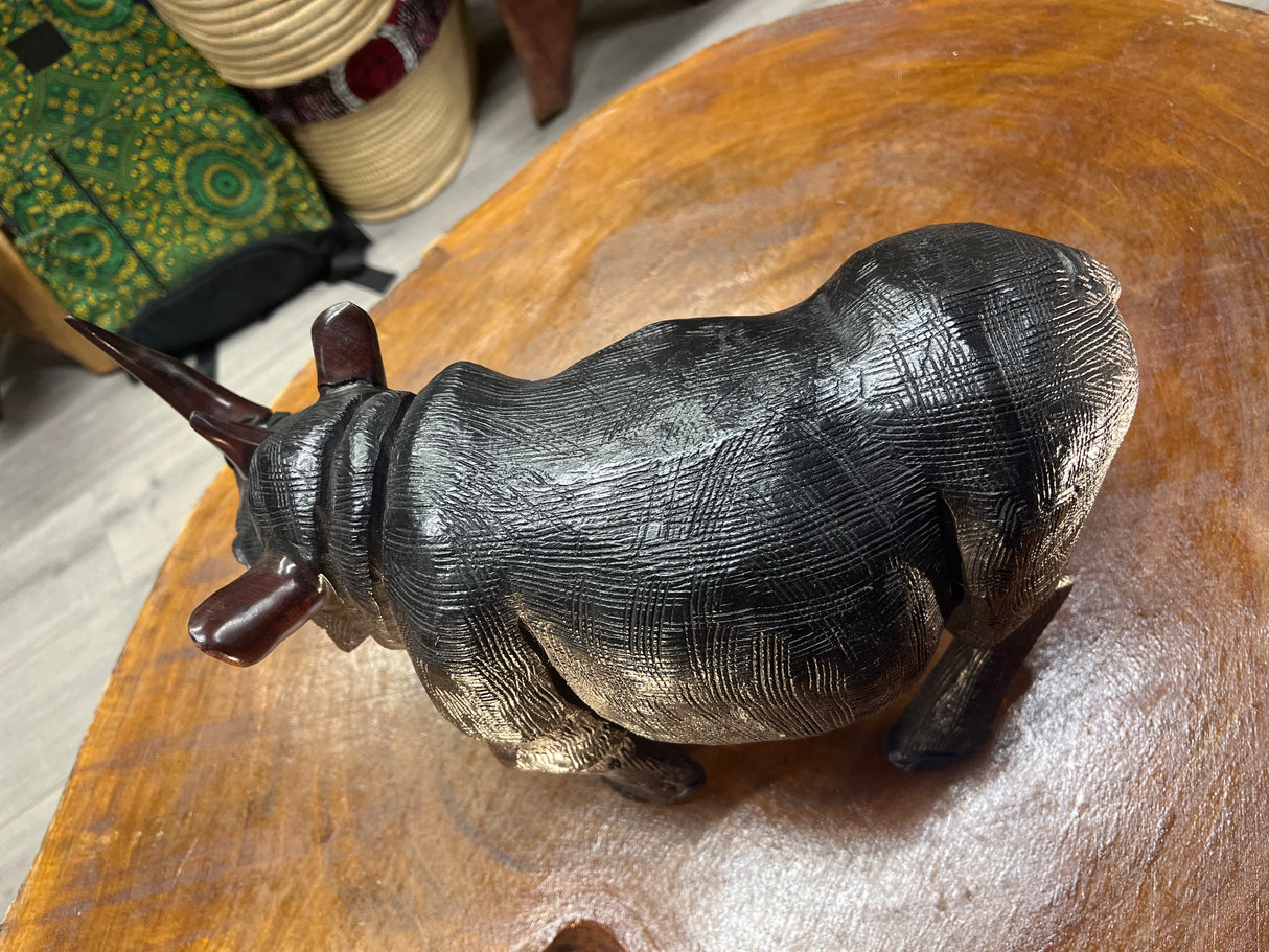 Large Black Hand Carved Wooden Textured Ebony Rhino Malawi