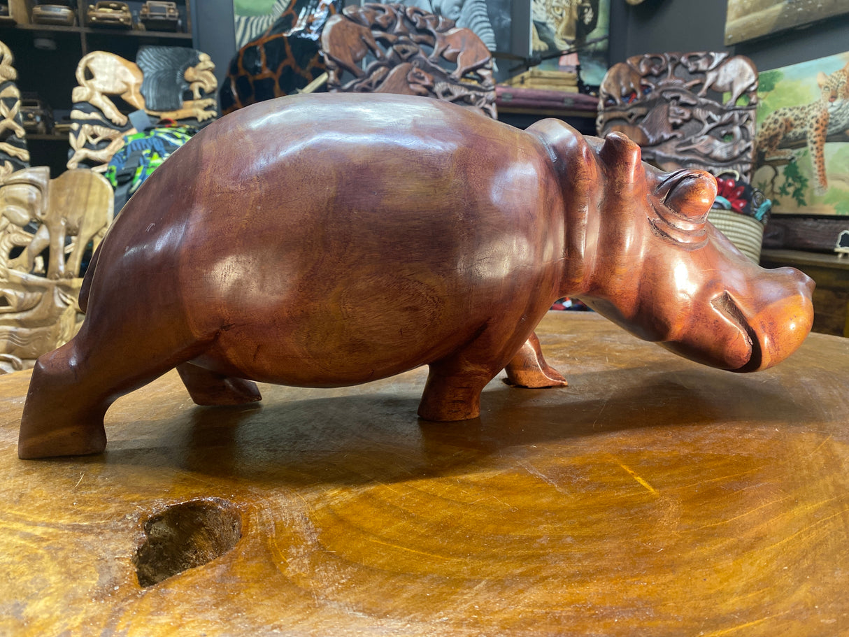 Big Reddish Colour Hand Carved Wooden Smiling Hippo - Mouth Closed (Heavy Piece)