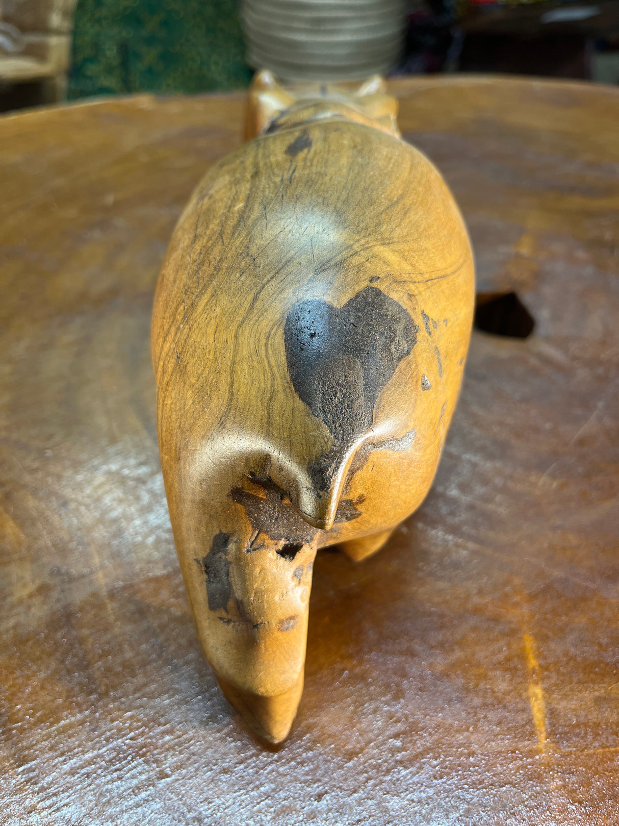 Hand Carved Light Brown Wooden Hippo - Mouth Closed