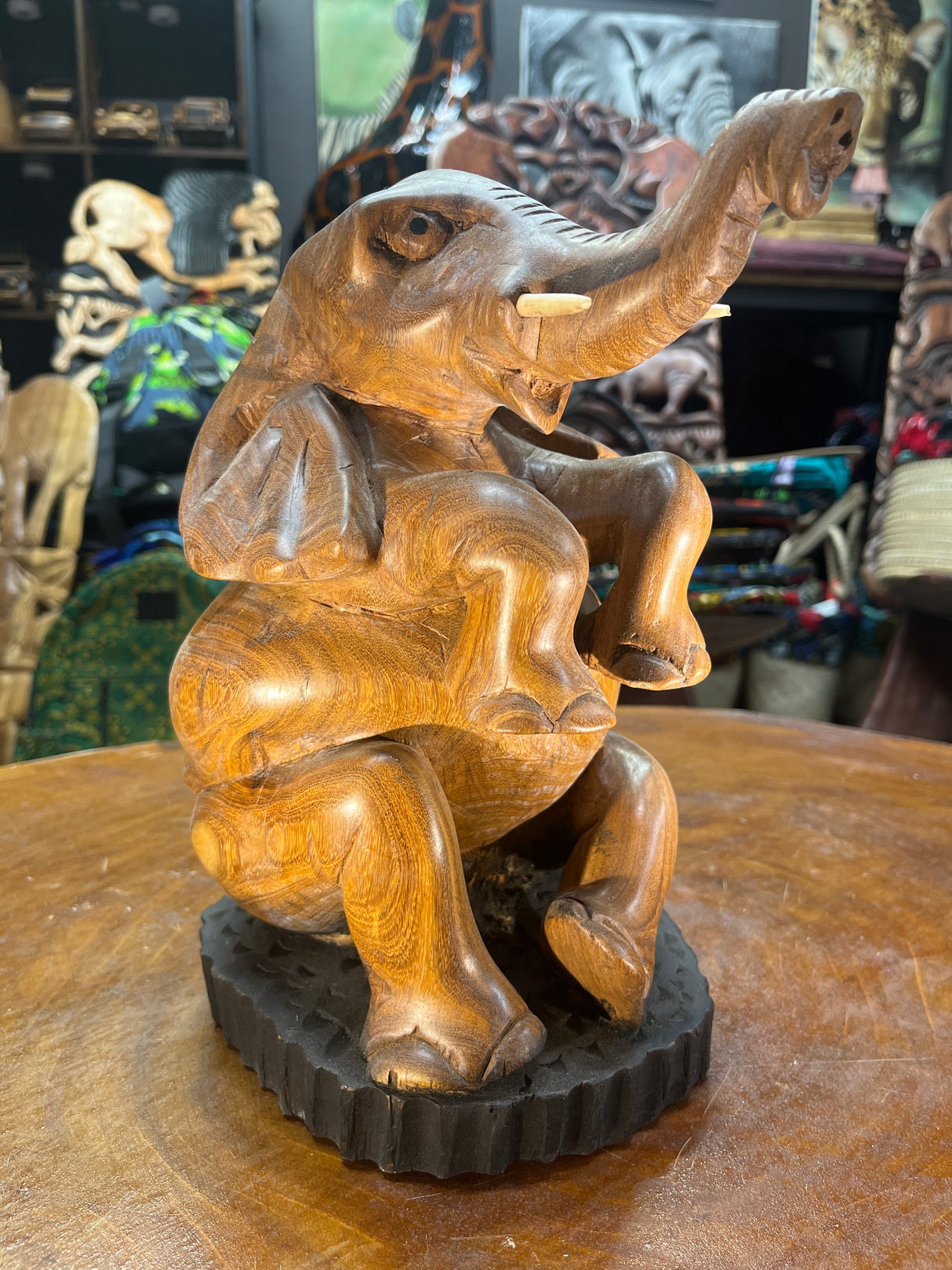 Hand Carved Happy Elephant Mahogany