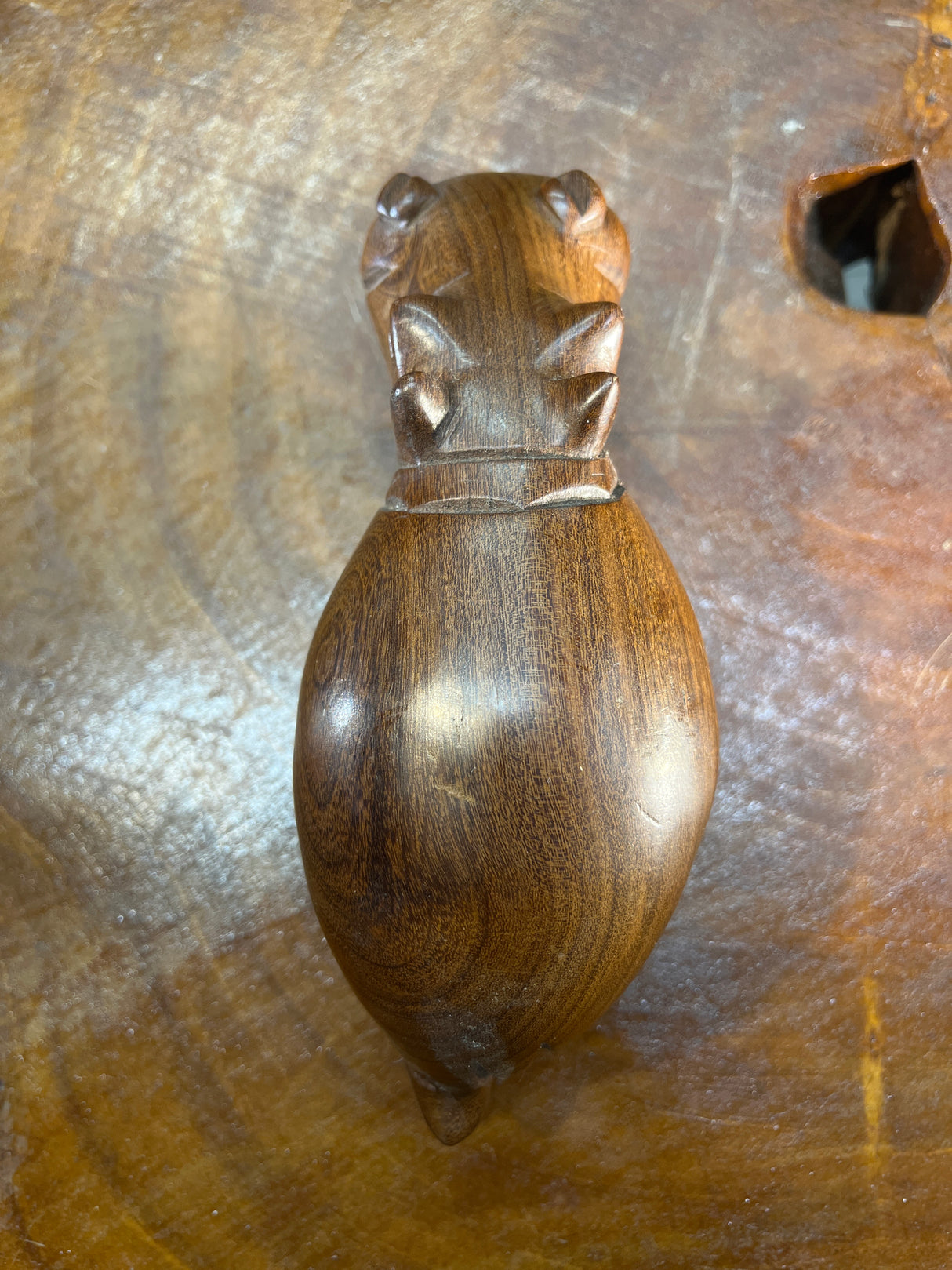Small Hand Carved Brown Grained Wood Hippo - Mouth Closed