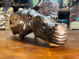 Hand Carved Dark Brown Wooden Hippo - Mouth Closed