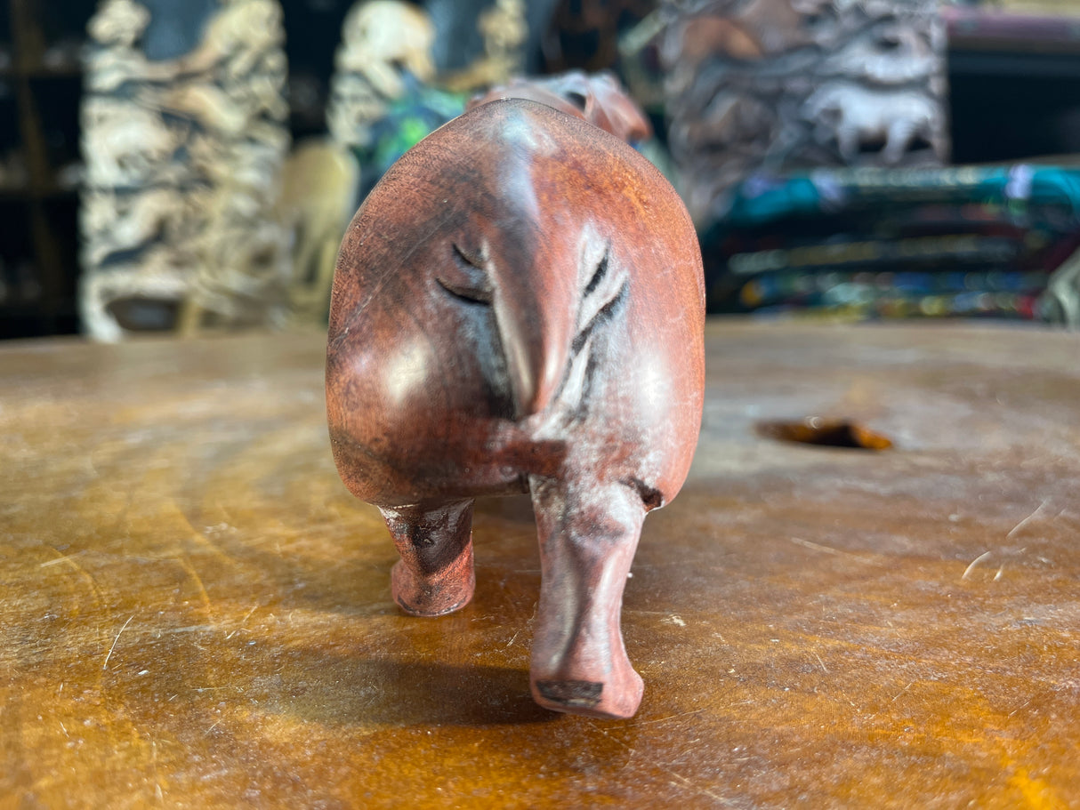 Small Hand Carved Reddish Wood Hippo - Mouth Open With Teeth