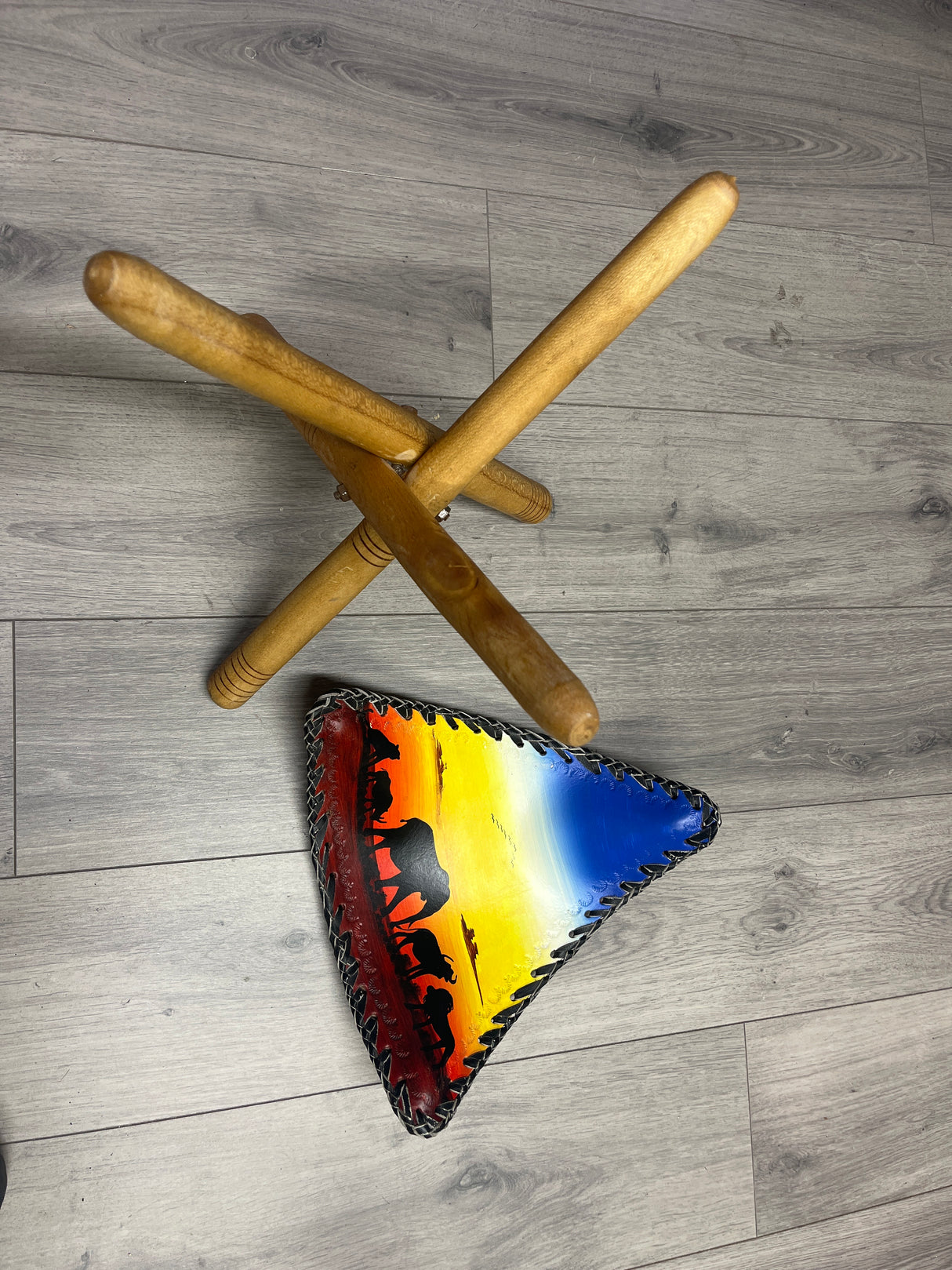 Handmade Folding Tripod Chair with an African Savannah Sunset on the Leather Seat - Tanzania