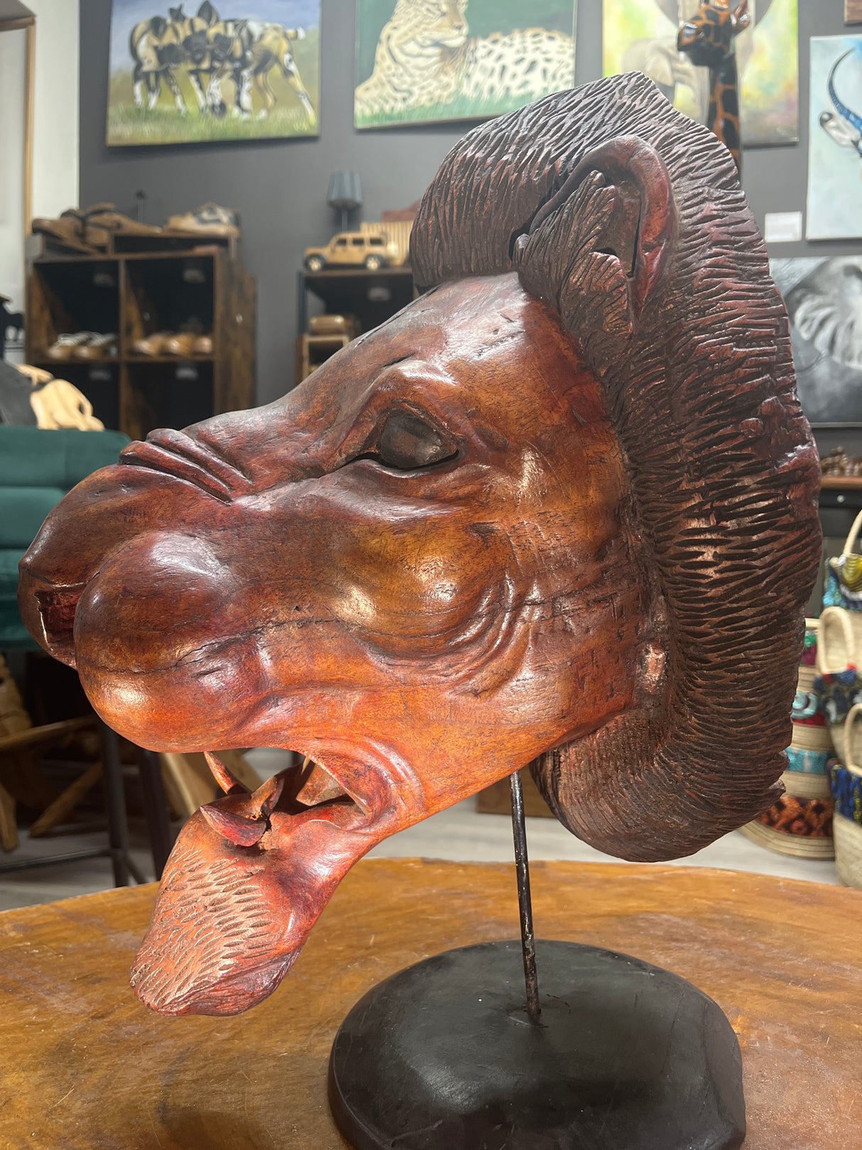 Hand Carved Vintage Rustic And a Bit Scary - Lions Head Wooden Statue Unique Stunning ‘WOW’ Show Piece