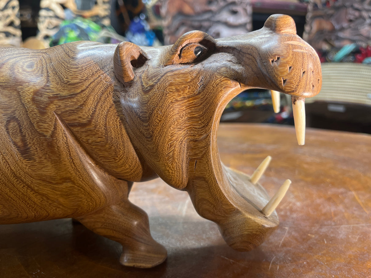 Hand Carved Wooden Hippo - Mouth Open With Teeth
