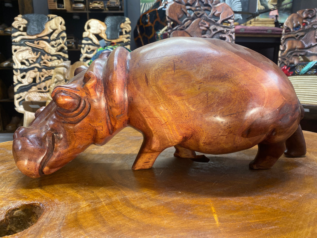 Big Reddish Colour Hand Carved Wooden Hippo - Mouth Closed (Heavy Piece)
