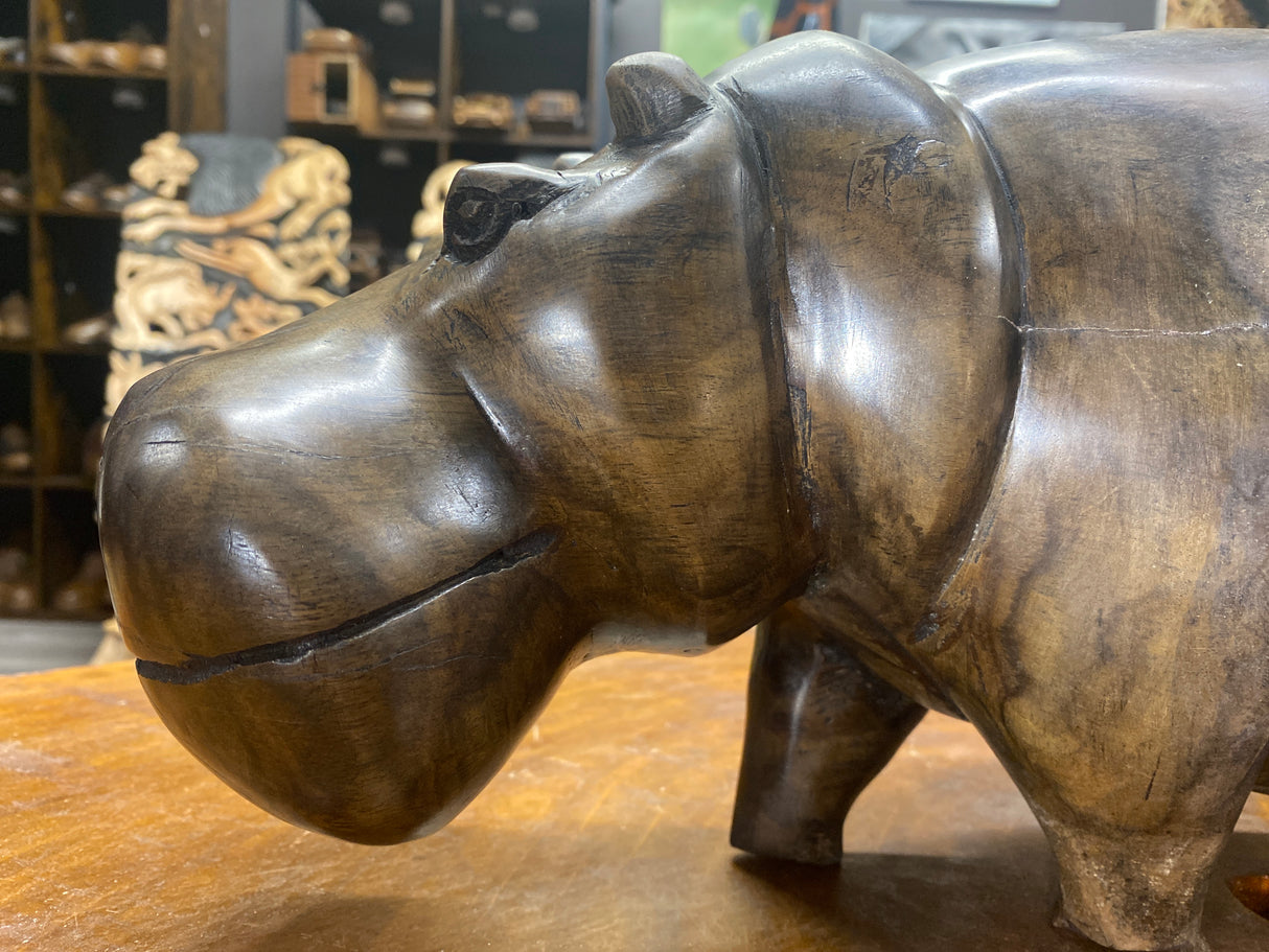 Hand Carved Wooden Smiling Hippo - Mouth Closed