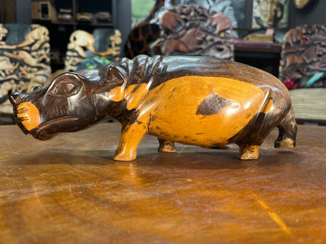 Hand Carved Dark Brown Wooden Hippo - Mouth Closed and Long Body