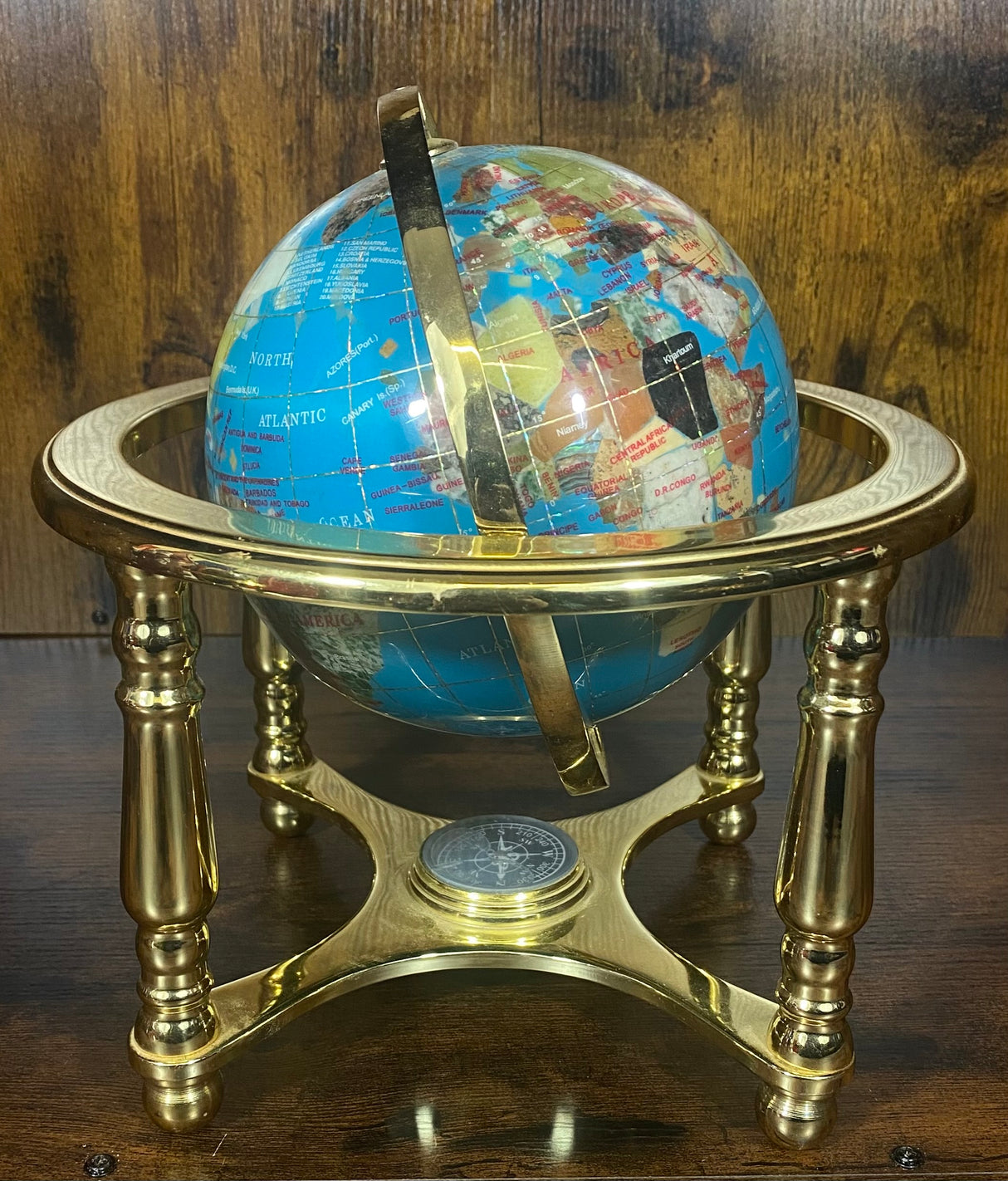 Light Blue Gemstone Globe With Metallic Brass Cradle -  White Compass