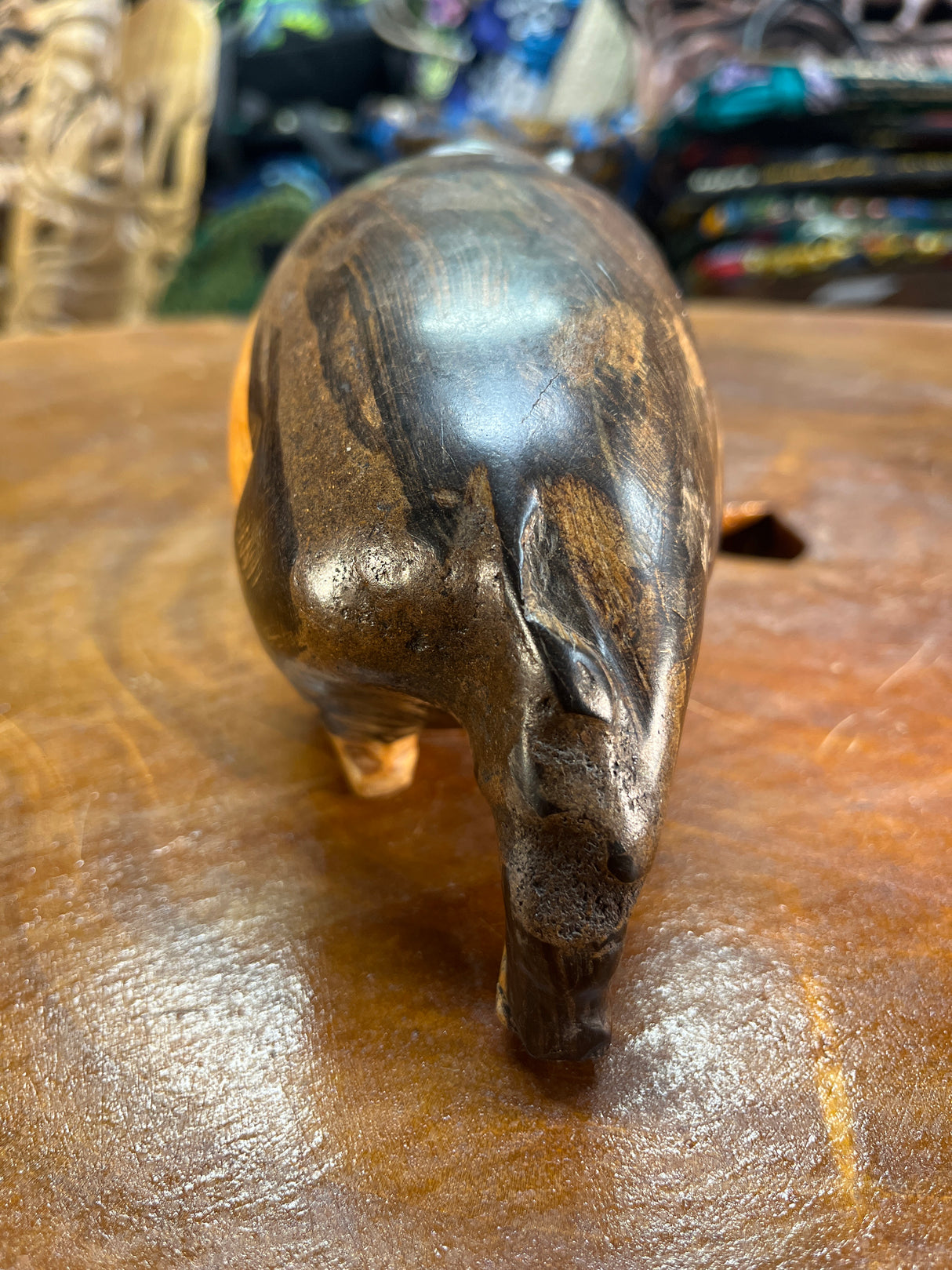 Hand Carved Dark Brown Wooden Hippo - Mouth Closed and Long Body