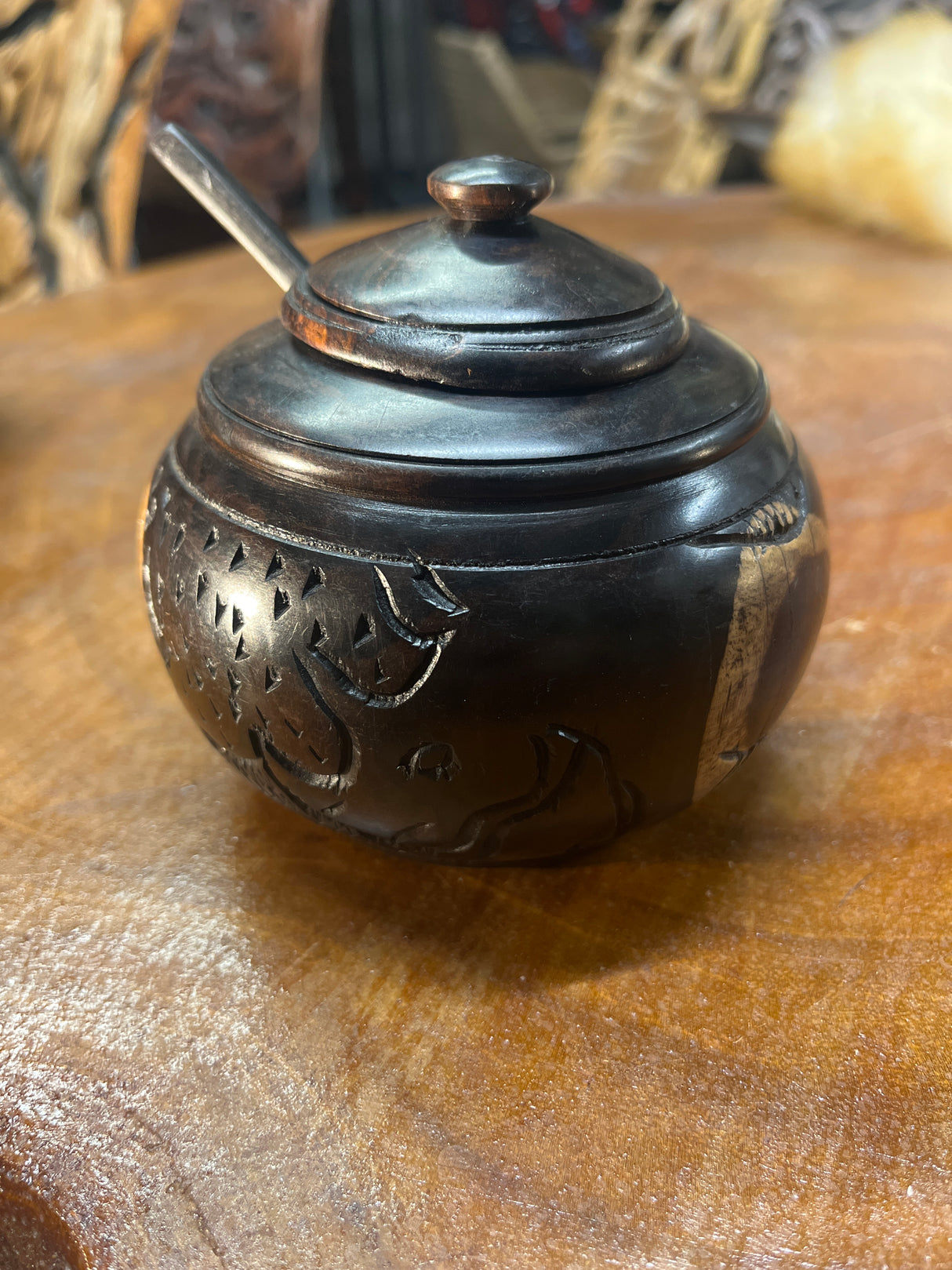 Small Handmade Animal carved Ebony Storage Pot with Spoon