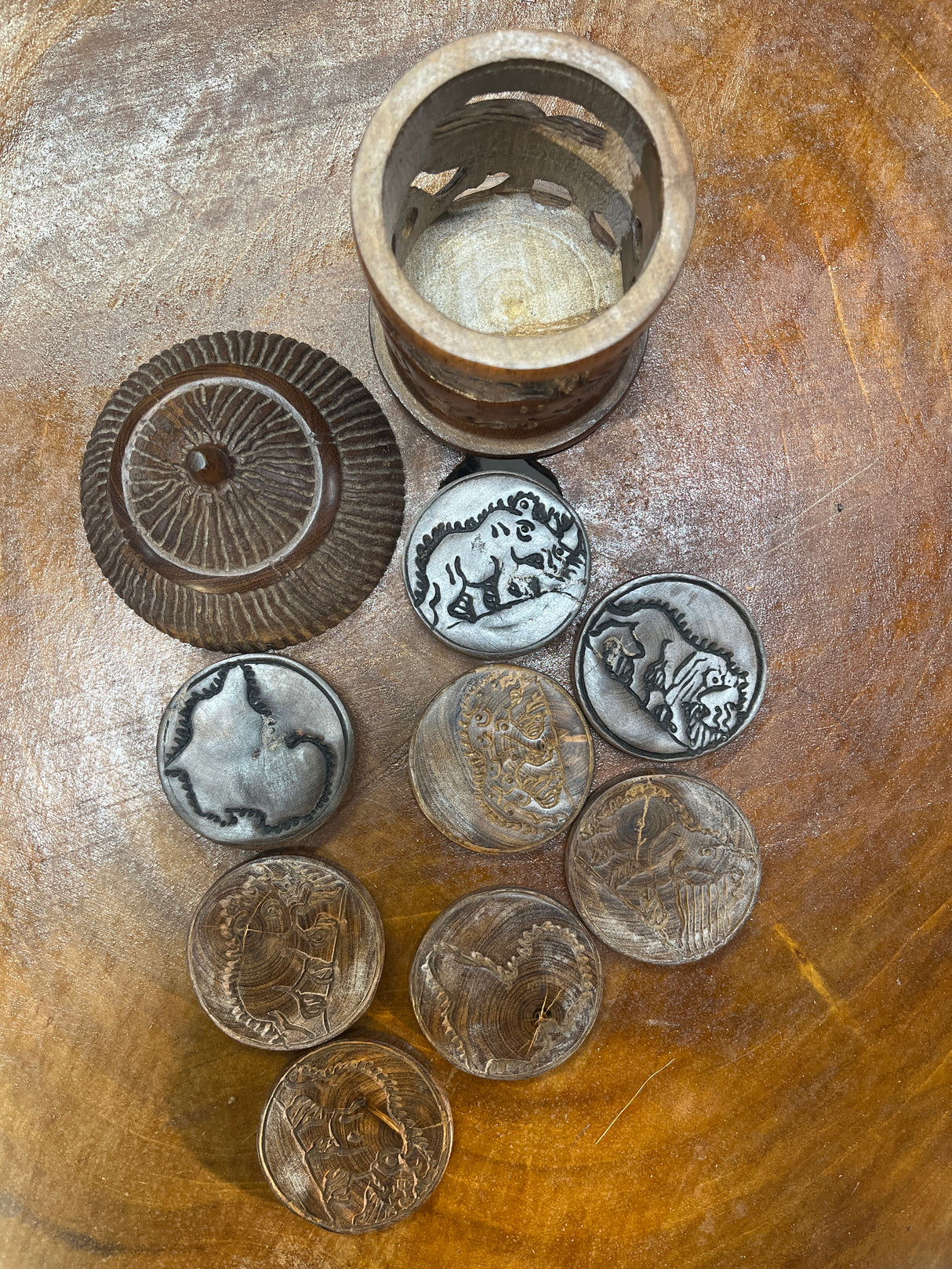 Hand Carved Mahogany African Hut with Rhino and Elephant Design Coaster Set with 8 Coasters