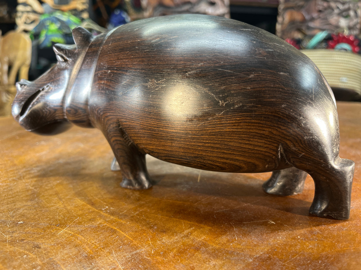 Hand Carved Ebony Wooden Hippo - Mouth Closed