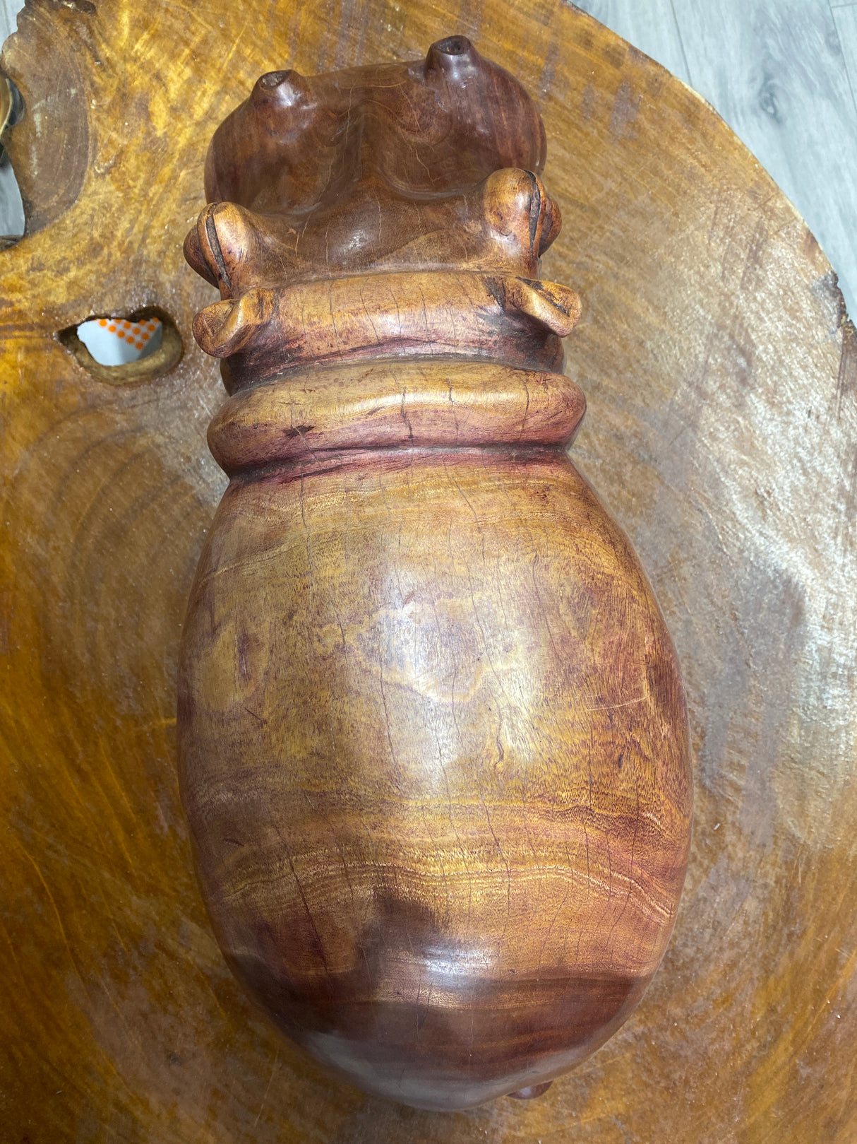 Big Reddish Colour Hand Carved Wooden Smiling Hippo - Mouth Closed (Very Heavy Piece)
