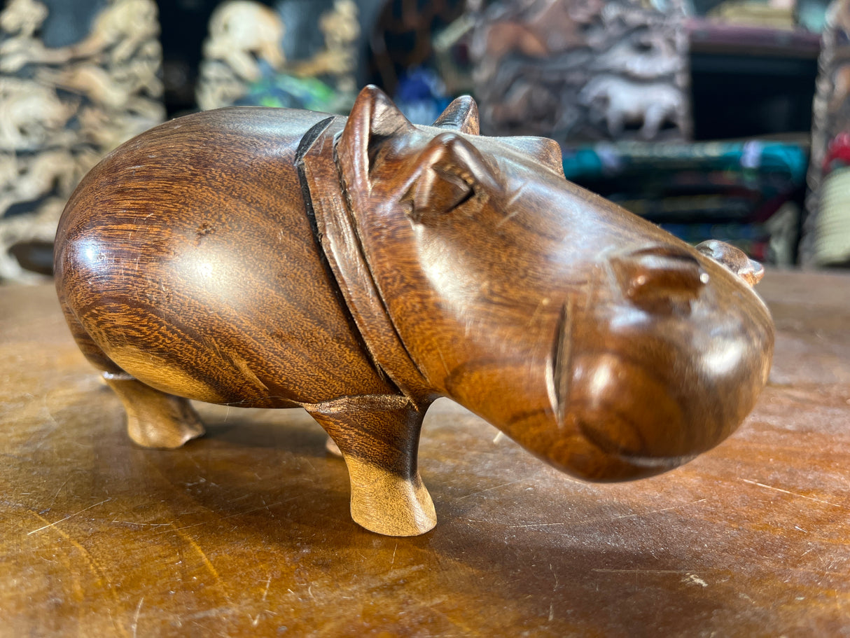 Small Hand Carved Brown Grained Wood Hippo - Mouth Closed