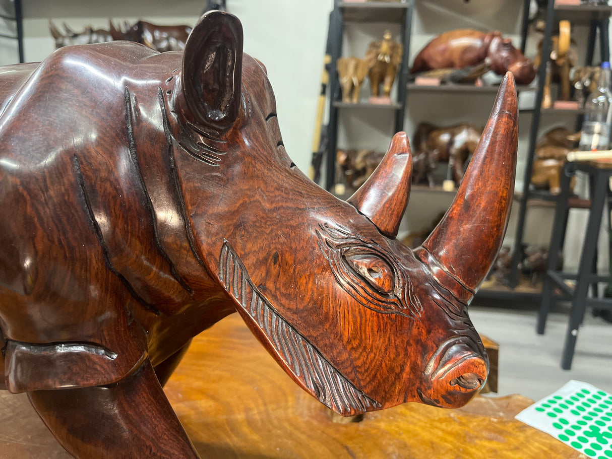 Large and heavy Hand Carved Wooden Standing Rhino Curio (Muscular Look)
