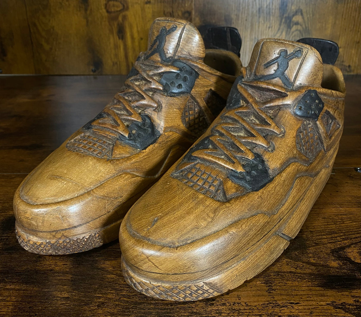 Pair of Jordan 4 V3.1 Hand Carved Mahogany Display Piece
